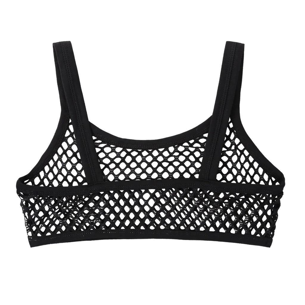 Women See Through Fishnet Sexy Crop Tops Spaghetti Shoulder Straps Solid Color Camisole Tops Adult Nightclub Party Rave Costume