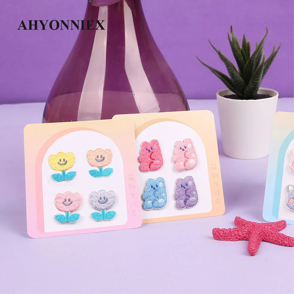 AHYONNIEX 1 Set Cartoon Flower Bear Candy Embroidery Patches for Bag Jeans Cute Iron On Patches for Clothes Small DIY Patches