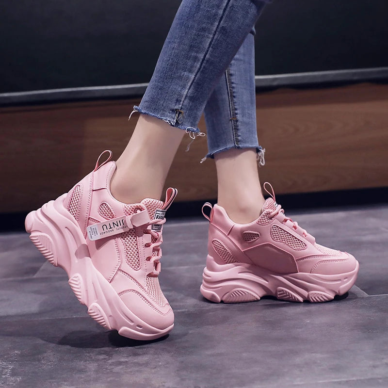 Brand 2026 Spring Breathable Mesh Sneakers Hidden Increasing Sport Shoes Woman Wedge Casual Chunky Shoes High Platform Shoes 9CM
