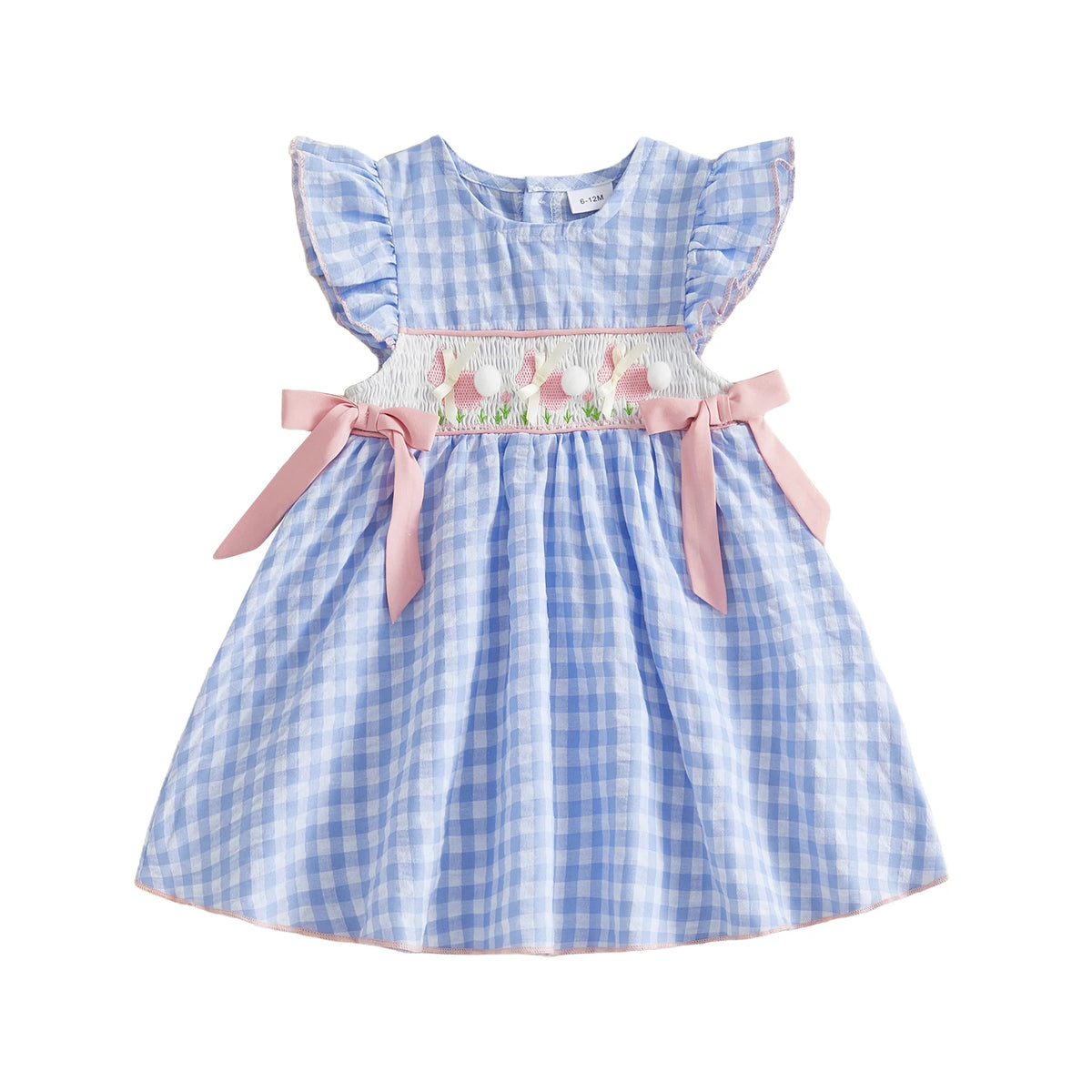 Toddler Baby Girl Easter Dress Flying Sleeve Crew Neck Rabbit Embroidery Plaid Print Bow Decor A Line Dress CB DROPSHIPPING