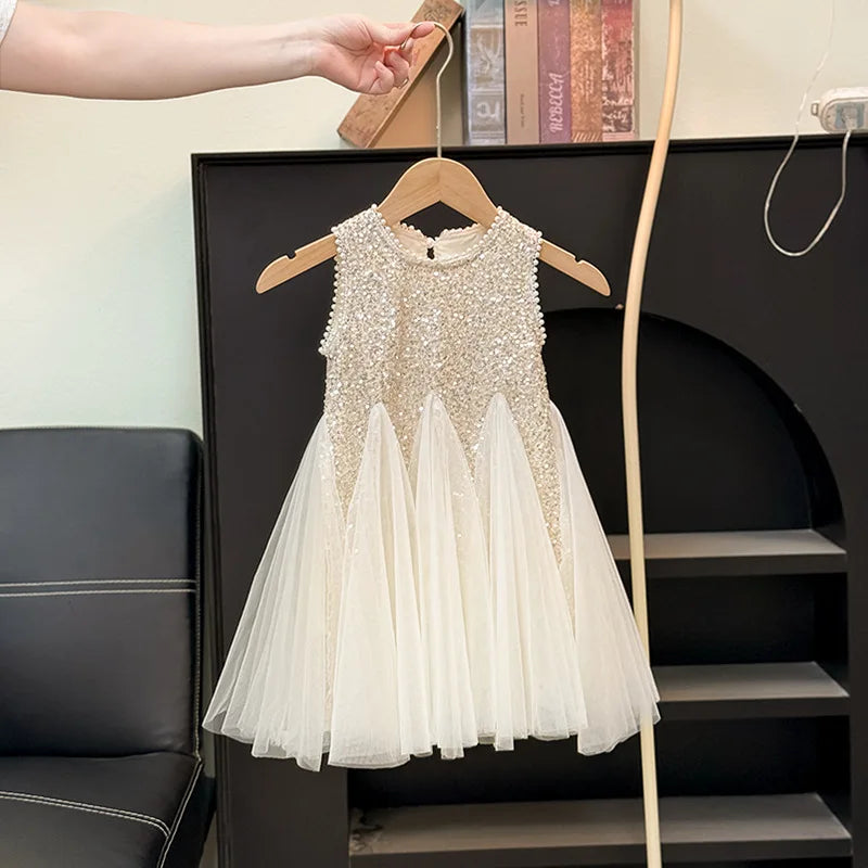 Summer Girls Tulle Dress Princess Sequined Puff Mesh Gown Kids Birthday Party Vestidos Children Casual Fashion Clothes 2-10Y CB DROPSHIPPING