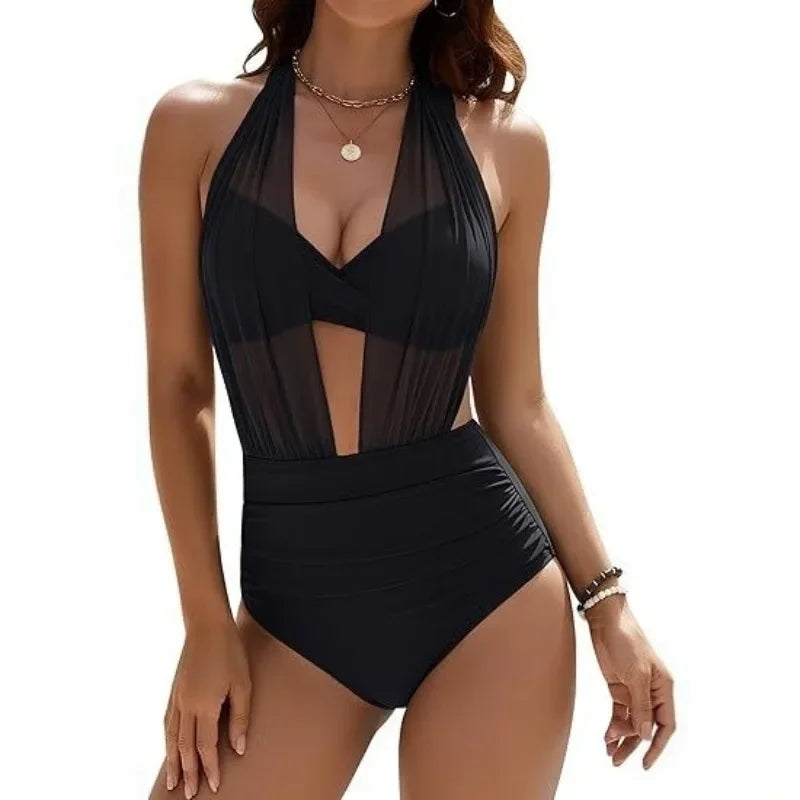 Tummy Control Mesh Bikini Set Women Monokini Swimsuit Sexy Deep V-Neck 1 Piece Bathing Suit Summer Solid Sexy Tight Resort Wear