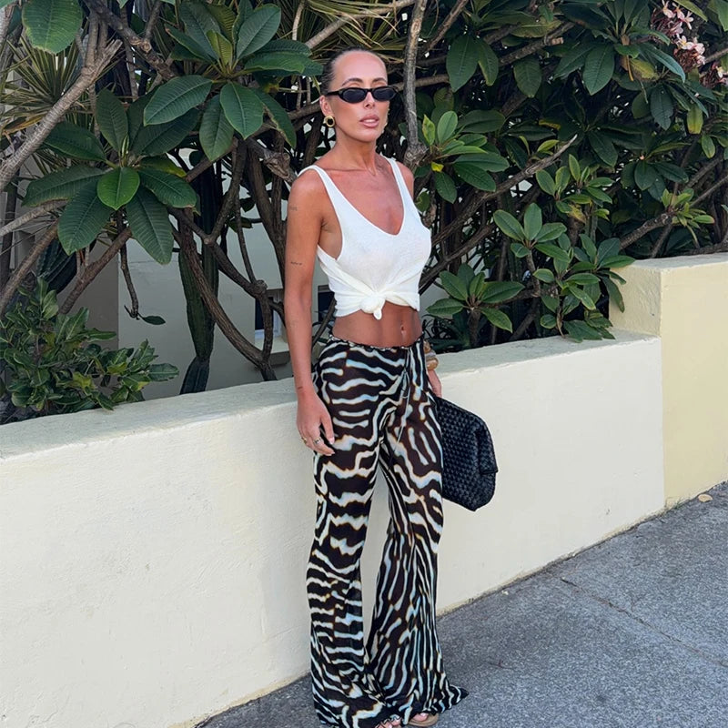 Casual Zebra Print Spaghetti Strap Maxi Top Versatile Long Leg Jeans Women Sheer Button Down Split Hem Daily Date Street Wear