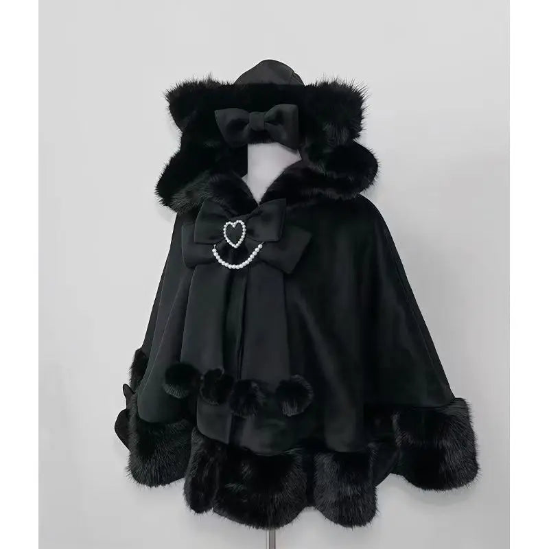 Japanese Kawaii Coat Cloak Faux Fur Collar Long Sleeve Tops Women Casual Lolita Bow Button Jackets Warm Sweet Women Clothing