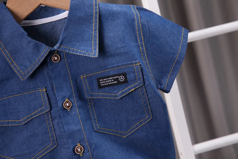 Summer Baby Boys Denim Clothes Suit Children Outfits Fashion Solid Shirt Shorts 2Pcs/Sets Toddler Casual Costume Kids Tracksuits CB DROPSHIPPING