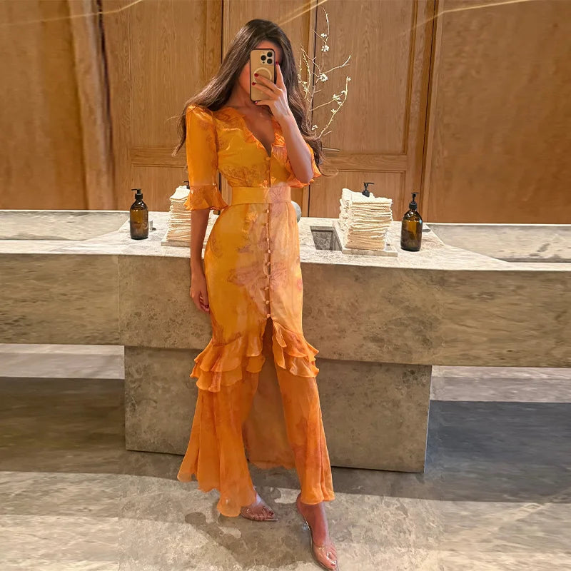 V Neck High Split Half Sleeve Slim Long Dress Print Waist Cinching Ruffle Hem Maxi Robes 2026 Women Party Vacation Vestidos