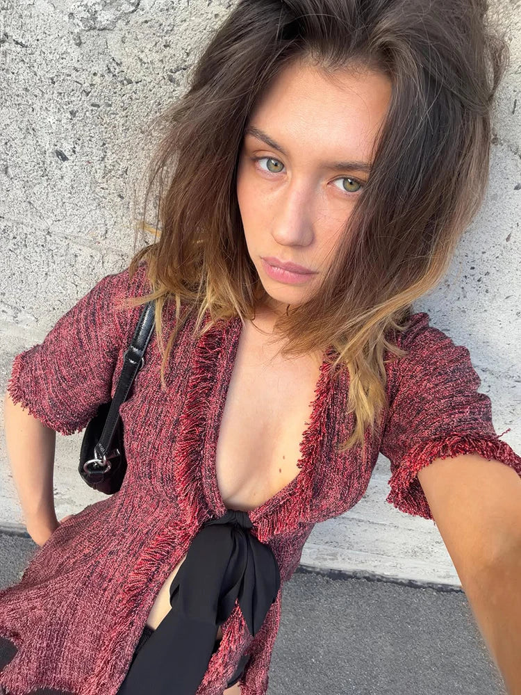 Vintage Fringed Fitted Shirts Women V Neck Short Sleeves Lace Up Ruffles Blouse Female 2026 Summer New Chic Fashion Tops Lady
