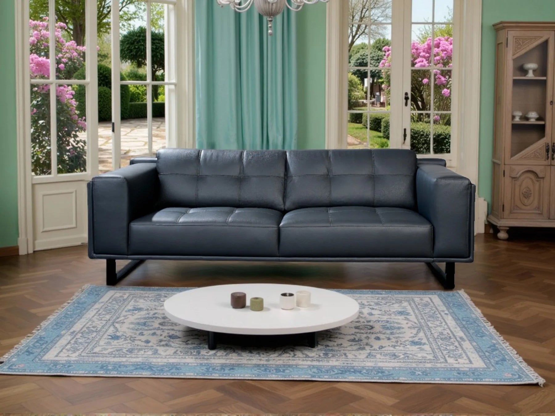 Reception room, hotel lobby, business tourist living room, leather double lounge sofa