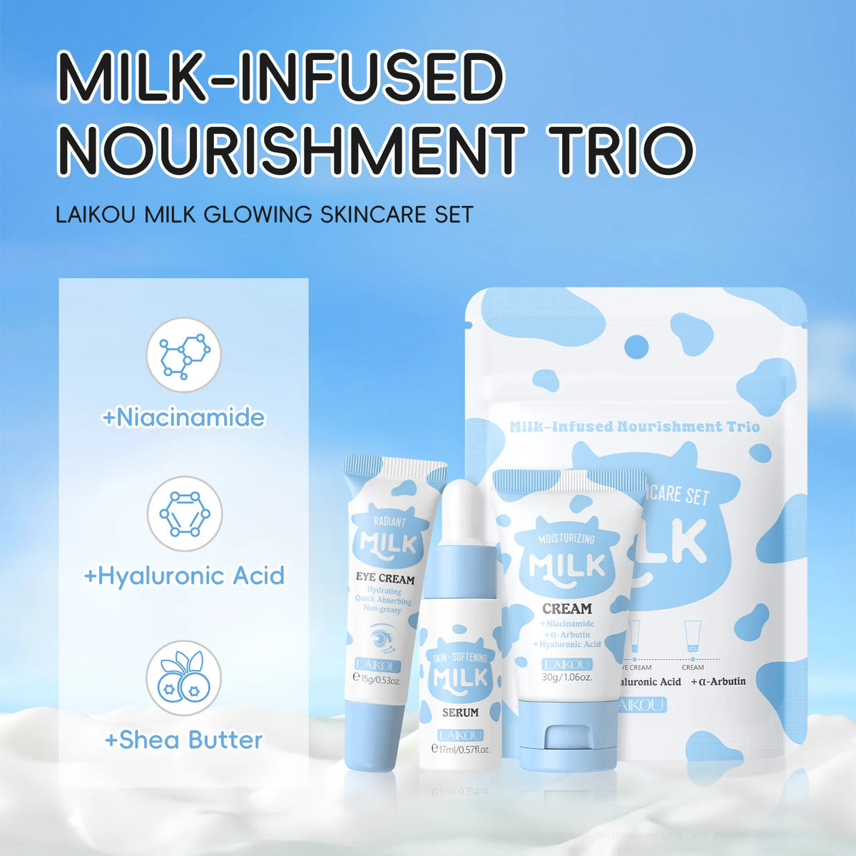 LAIKOU Milk Skincare Travel Set 3pcs Niacinamide Hyaluronic Acid Face Serum Eye Cream Face Cream Moisturizing Glowing Skin Care CB DROPSHIPPING