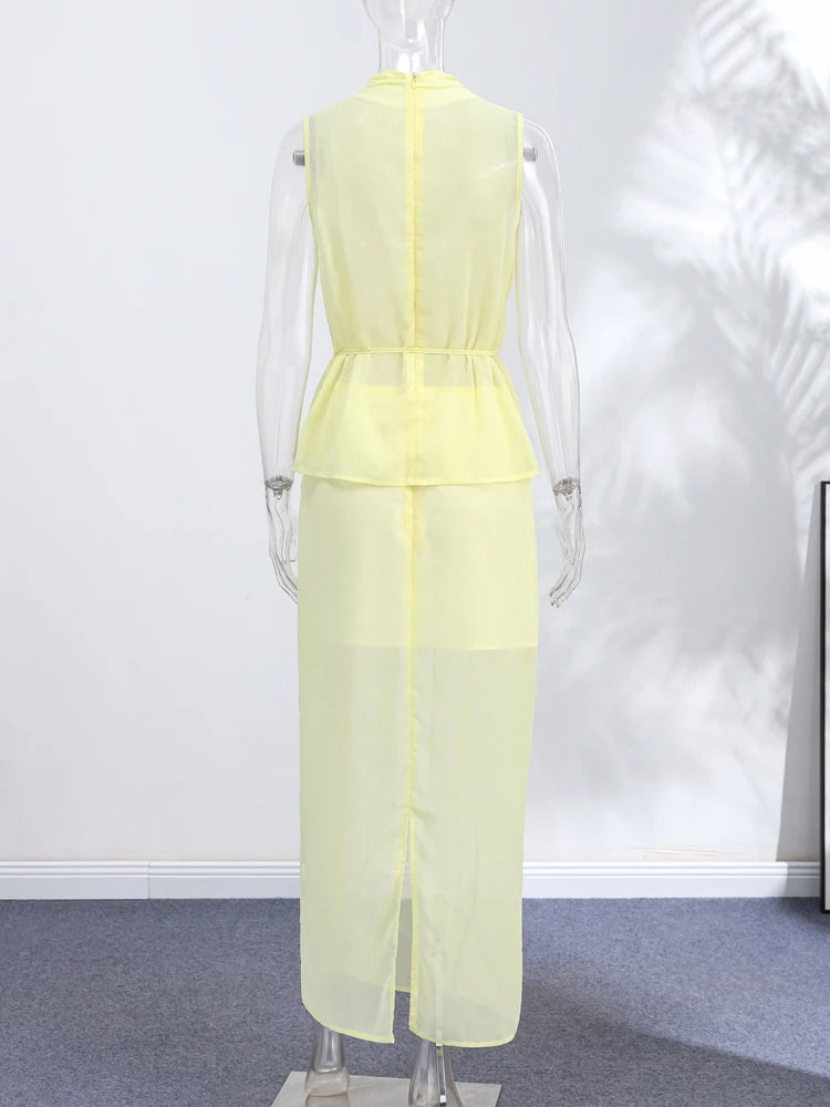 Casual Yellow Top Long Skirts Sets Women Sleeveless Lace Up Tops Straight Slit Skirt 2026 Summer Holiday Street Lady Solid Suits