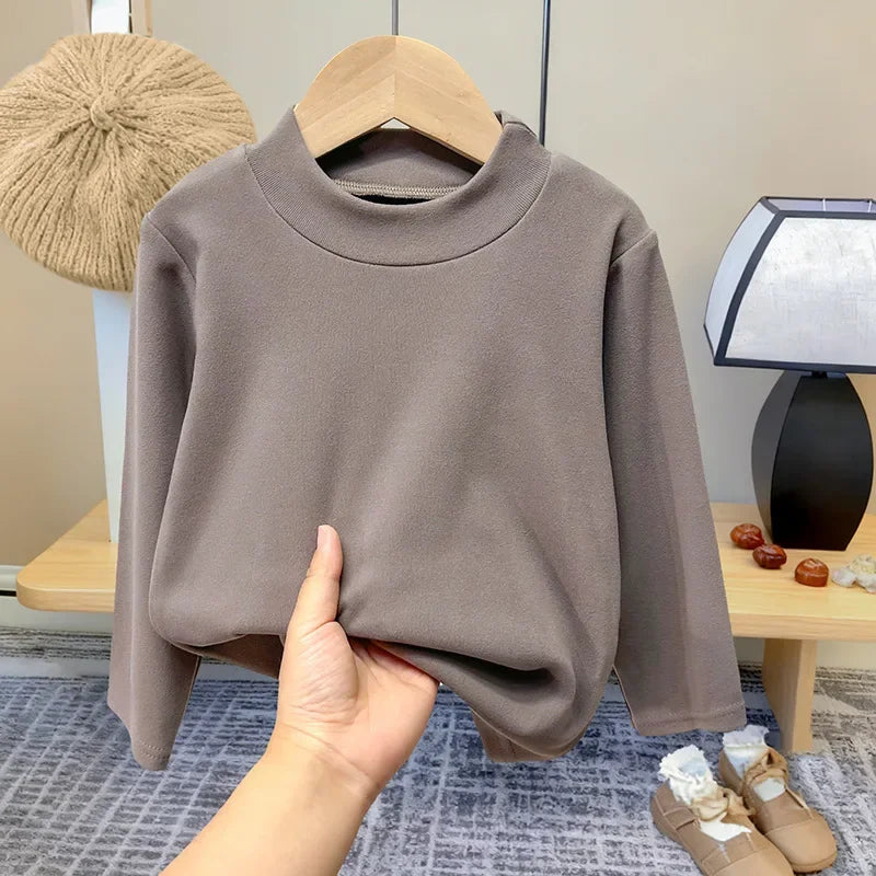 Winter Baby Warm Top Boys Girls Velvet Inner Solid Color Bottom Children's Half High Collar Long Sleeve T-shirt Kids Clothes CB DROPSHIPPING