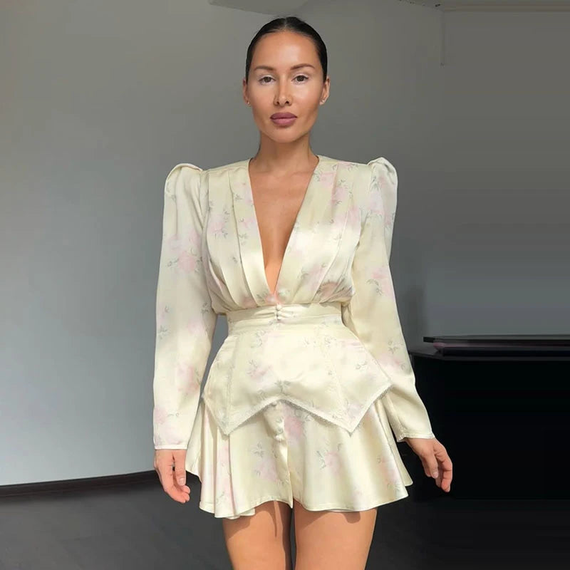 Print Women Dress Deep V Mini Dress Puff Sleeve High Waist Dress Two Piece Outfit With Waistband Elegant Slim Fit Outfit