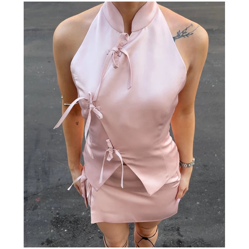 Women Green Bowknot Wide-leg Pant Suits Chic Solid Sleeveless Lace Up Slim Fit Long Pant Sets 2026 Lady Daily Street Outfits New