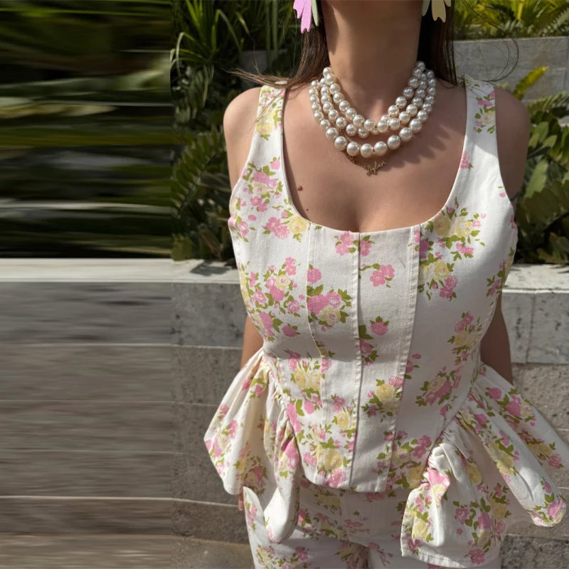 Women's Sweet Cute Floral Printed Vest Pants 2026 New Summer U Collar Sleeveless Ruffle Hem Tops Wide Leg Trousers 2 Piece Sets