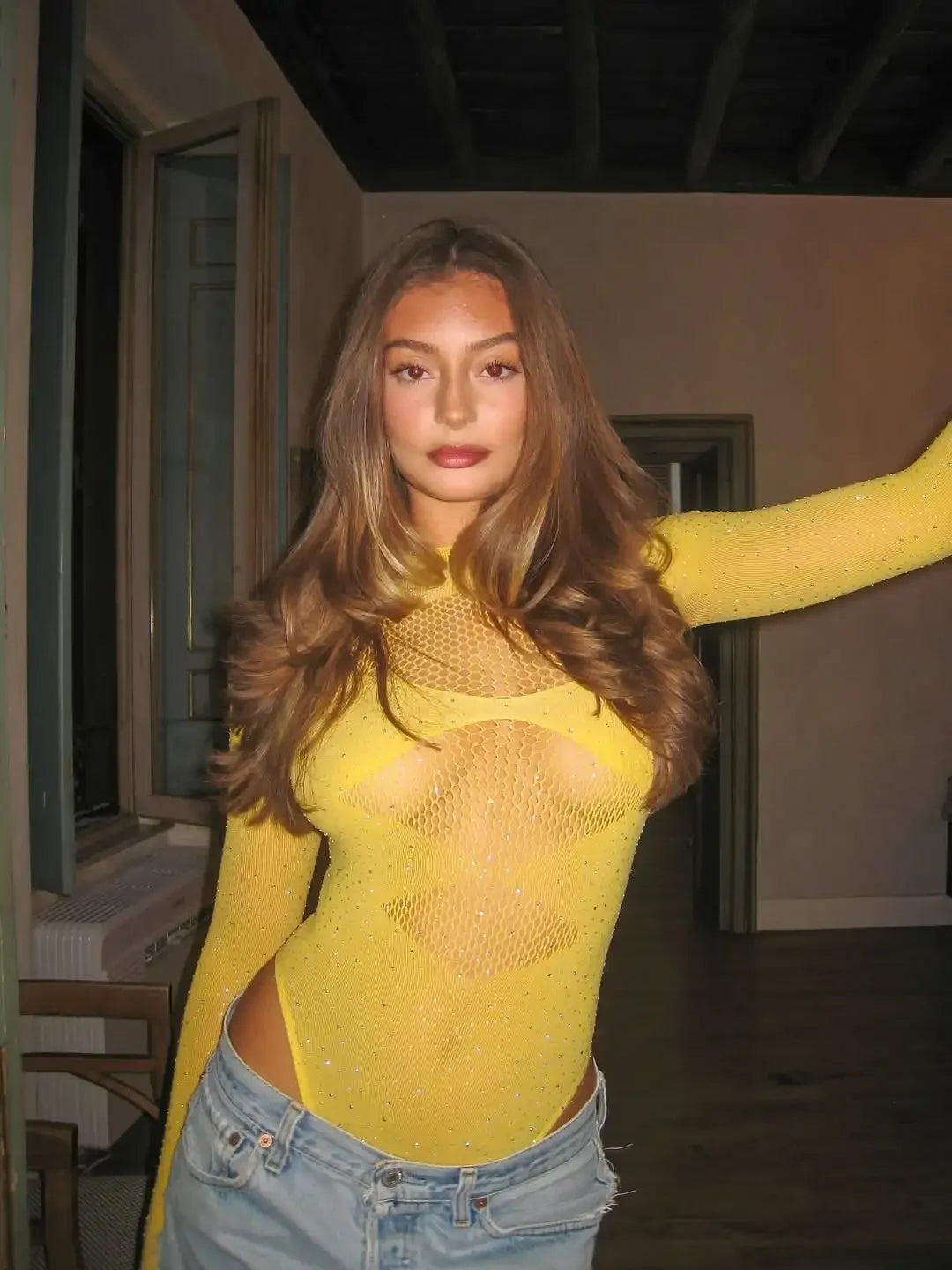 Sexy Tight Fishnet Short Bodysuit Women Solid Hollow-out Full Sleeve Sequin Versatile Bodysuits Spring Fashionable Daily Wear