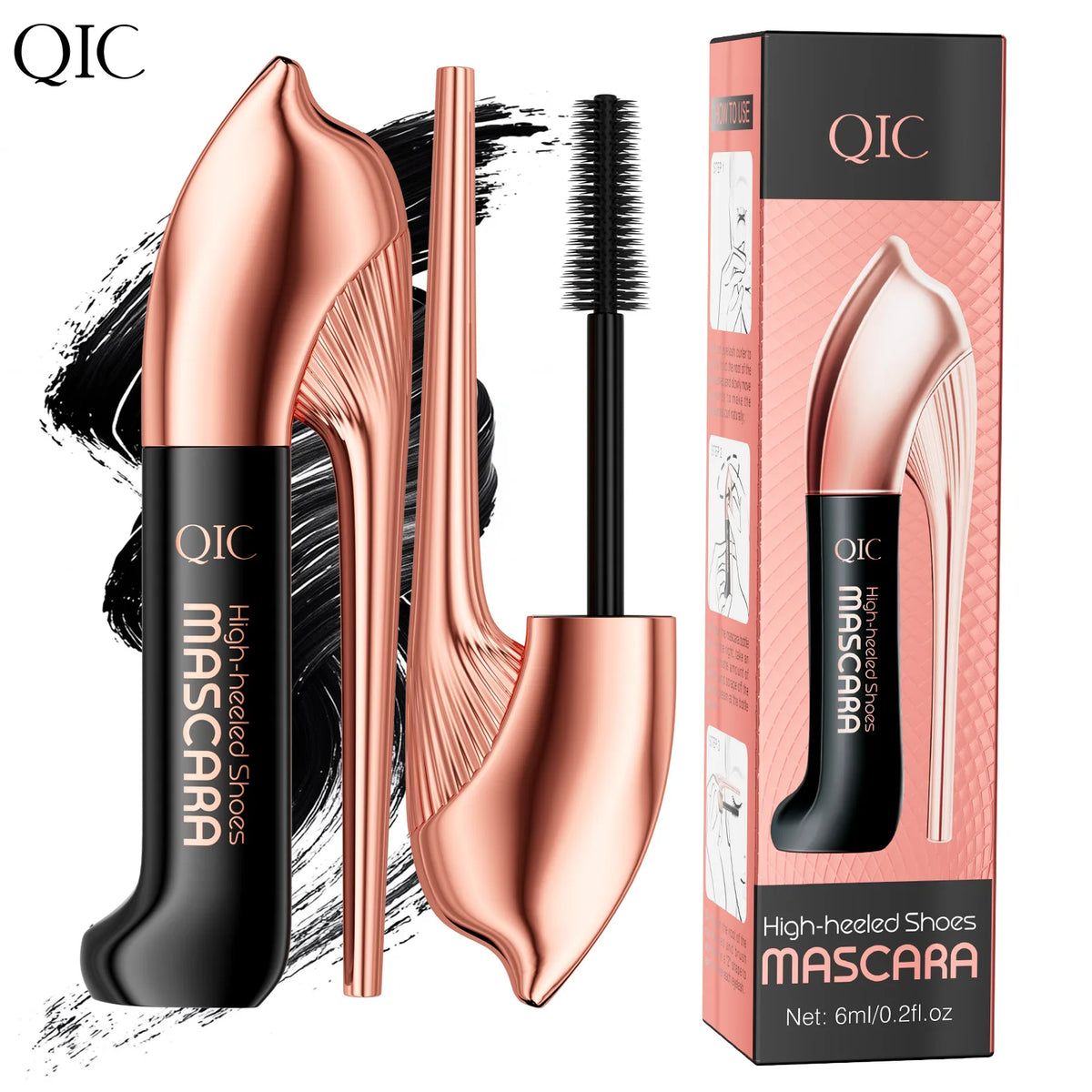 QIC High-heeled Shoes Mascara 3D Fiber Mascara, Long Black Volumizing Eyelash Extension, Waterproof Eye Makeup Tool CB DROPSHIPPING