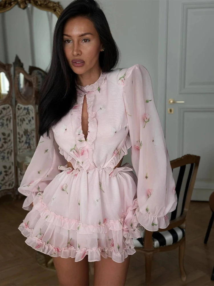 Pink Floral Printed Backless Mini Dress Women Elegant O Neck Long Sleeved Ruffles A-line Dresses Summer Chic Female Vestidos
