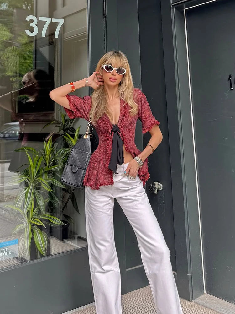 Vintage Fringed Fitted Shirts Women V Neck Short Sleeves Lace Up Ruffles Blouse Female 2026 Summer New Chic Fashion Tops Lady