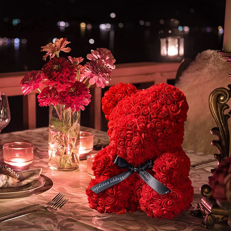 Rose Bear With Box Lights Valentine Gifts Decoration Artificial Flower Teddy Bear for Women/Girlfriend Love Flower Birthday Gift