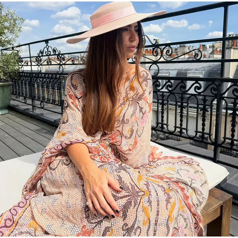 Women V Neck Vintage Vine Print Batwing Sleeve Maxi Dress Drawstring Waist Loose Flare Long Dress Mesh Texture Beach Vacation