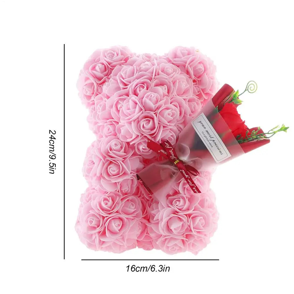 Flower Bear 9.45in Artificial Forever Flower Rose with Clear Box Romantic Gift for Her Handmade Valentine Bear for Home Decor
