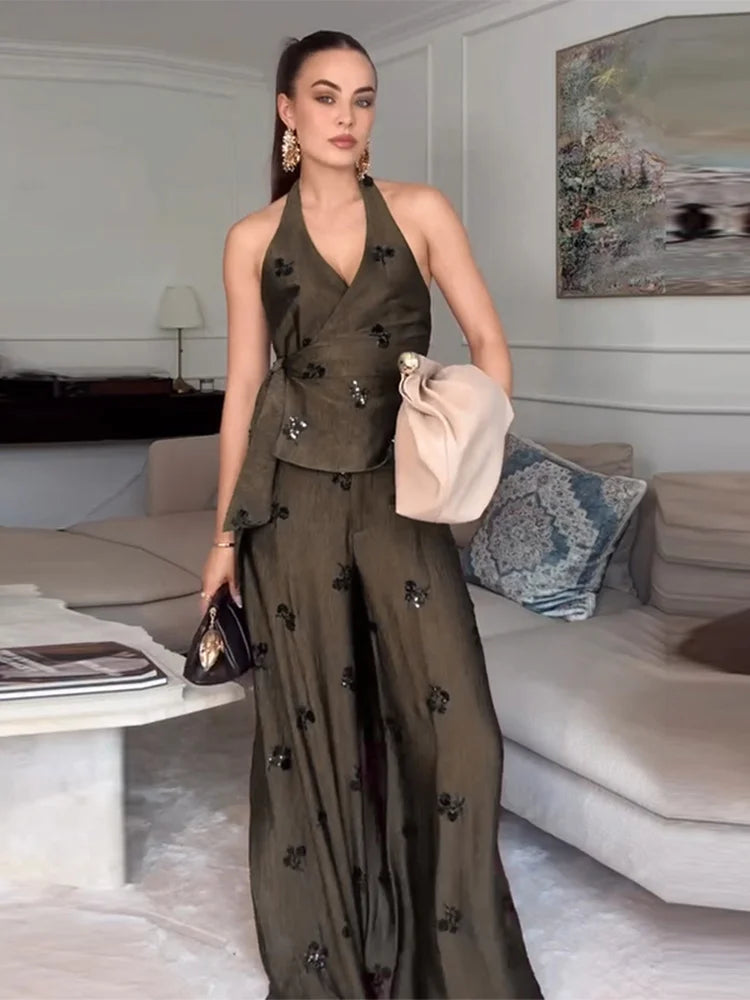 Sequin Two-Piece Set Women's Floral Set Halter Neck Wrap Top Wide-Leg Pants Trousers Party Co-Ord Vacation Wear Woman Clothes