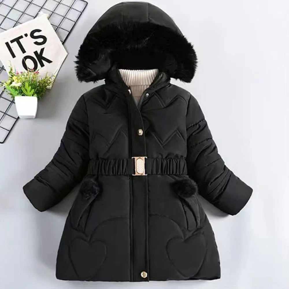 2025 Newyear Clothes Girls Winter Coat Kids Snow Puffer Jacket Hooded Warm With Waist Belt and Pockets CB DROPSHIPPING
