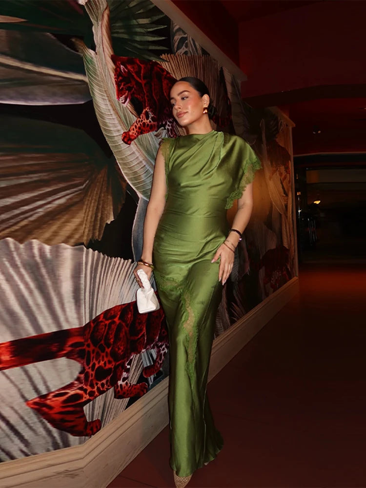 Women Elegant Green Satin Maxi Dress Lace Slit Asymmetric High Neck Draped One-sleeve Slim Fit Lgown Formal Evening Party Outfit