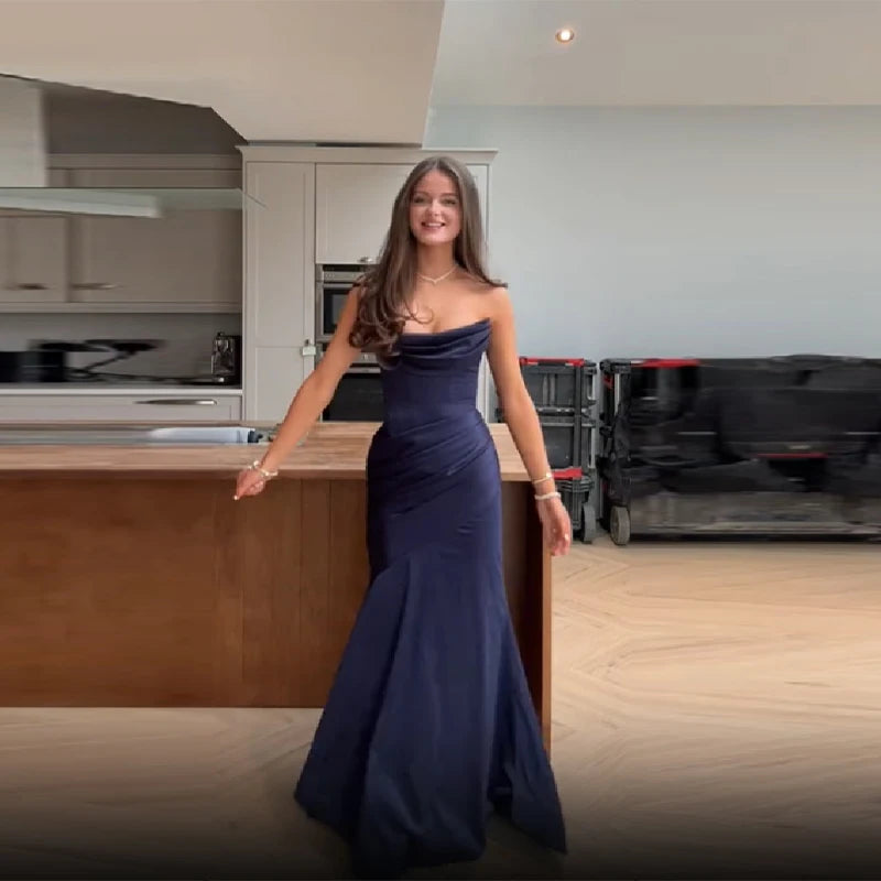 Women Sexy Pleated Strapless Satin Dress Chic Solid Off-Shoulder Backless High Waist Bodycon Dresses 2026 New Evening Party Gown