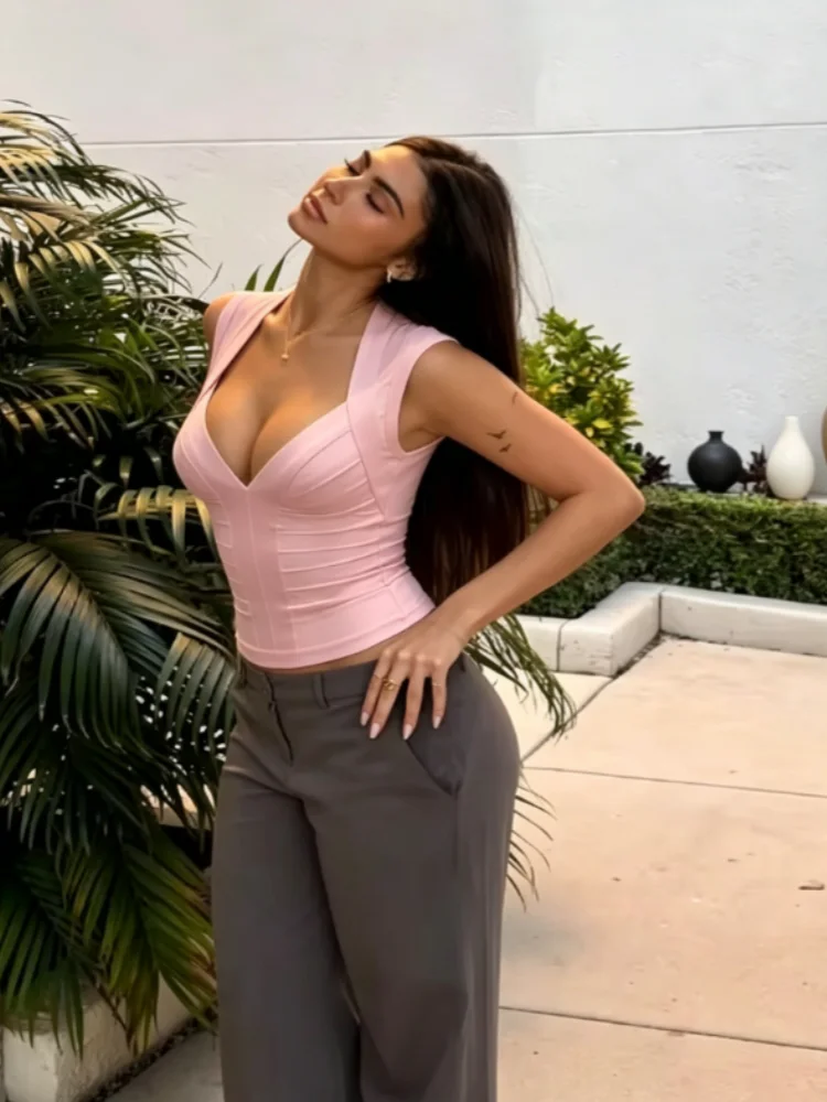 Chic Bandage Sleeveless Corset Top Chic Trendy Deep V Neck Back Zipper Bodycon Blouse Women Summer Date Party Club Vacation Wear