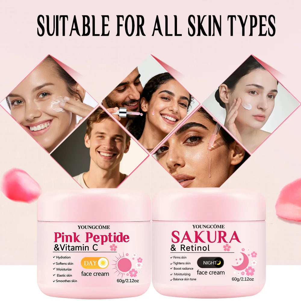 4-Piece Day & Night Skincare Set: Pink Peptide Vitamin C Day Cream + Sakura Retinol Night Cream & Essence for Hydration, Firmnes CB DROPSHIPPING