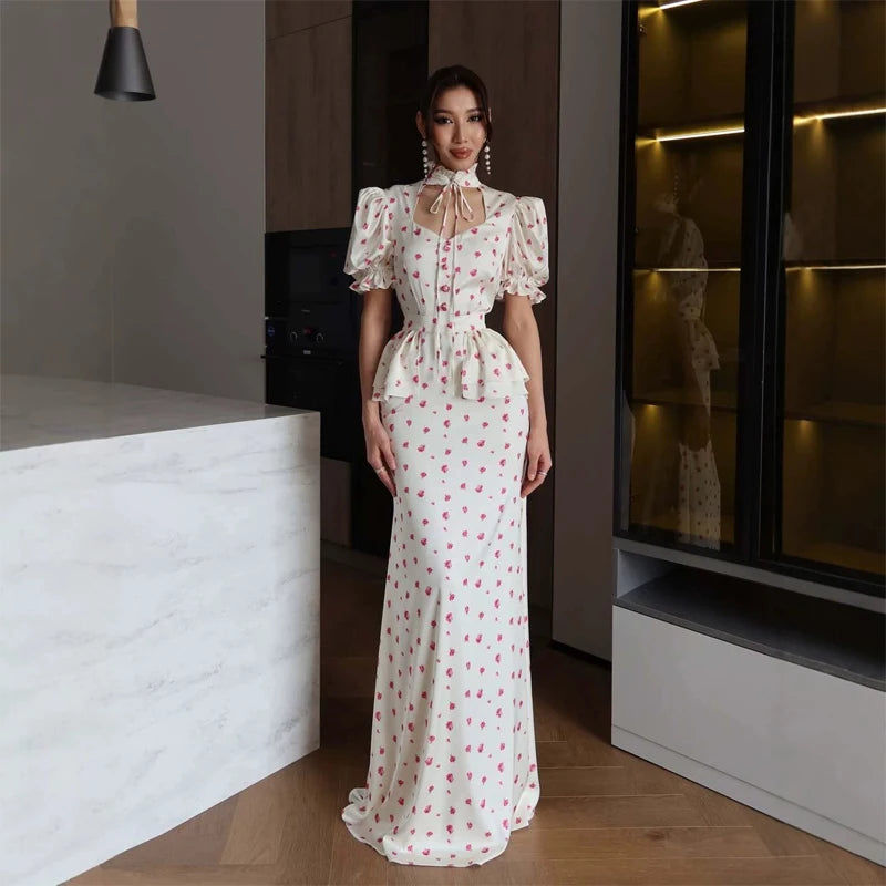 Women White Pink Floral Print Fishtail Skirt Set Chic V Neck Puff Sleeve Ruffle Button Crop Top Suit Elegant Lady Wedding Outfit