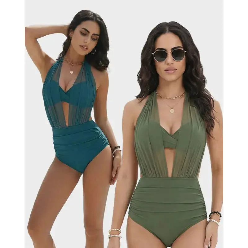 Tummy Control Mesh Bikini Set Women Monokini Swimsuit Sexy Deep V-Neck 1 Piece Bathing Suit Summer Solid Sexy Tight Resort Wear