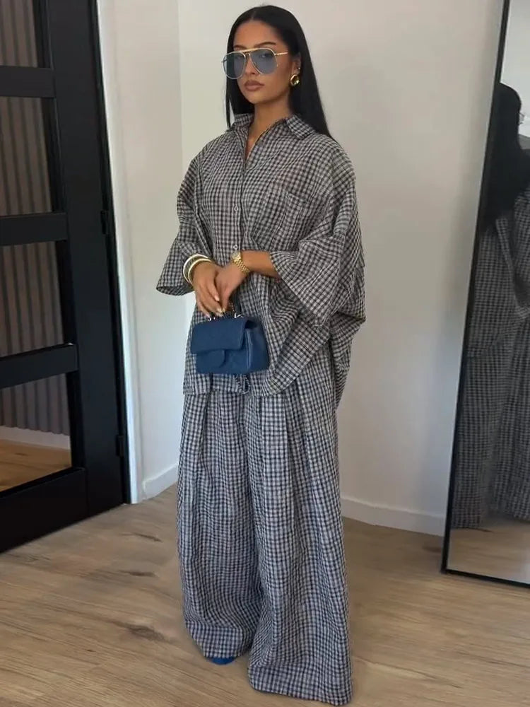 Casual Women's Pants Set Turn-down Collar Shirt Loose Bottom Female Plaid Printing Sets 2026 Summer Fashion Commute Lady Suit