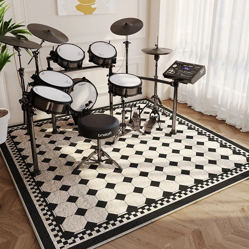 Modern Living Room Rug Home Decor Fashion Luxury Drum Abstract Music Symbol Black White Plaid Large Area Bedroom Decor Rugs