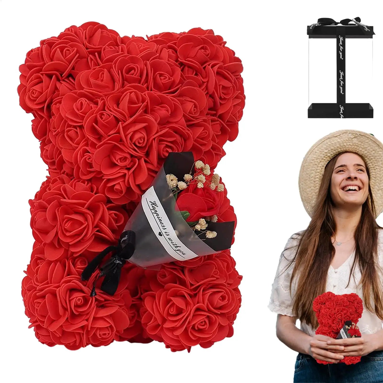Flower Bear 9.45in Artificial Forever Flower Rose with Clear Box Romantic Gift for Her Handmade Valentine Bear for Home Decor