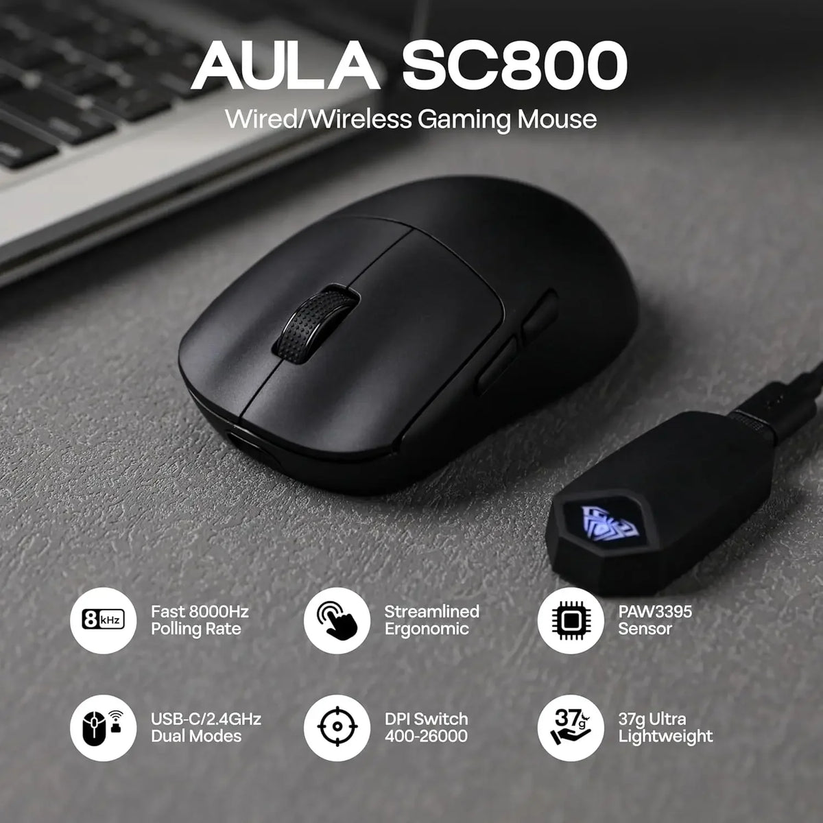 AULA SC800 Gaming Mouse USB-C Wired/2.4G 37g Lightweight 8K Paw3395 Sensor Customized Mice PC E-Sports Gamer Accessories Gifts CB DROPSHIPPING