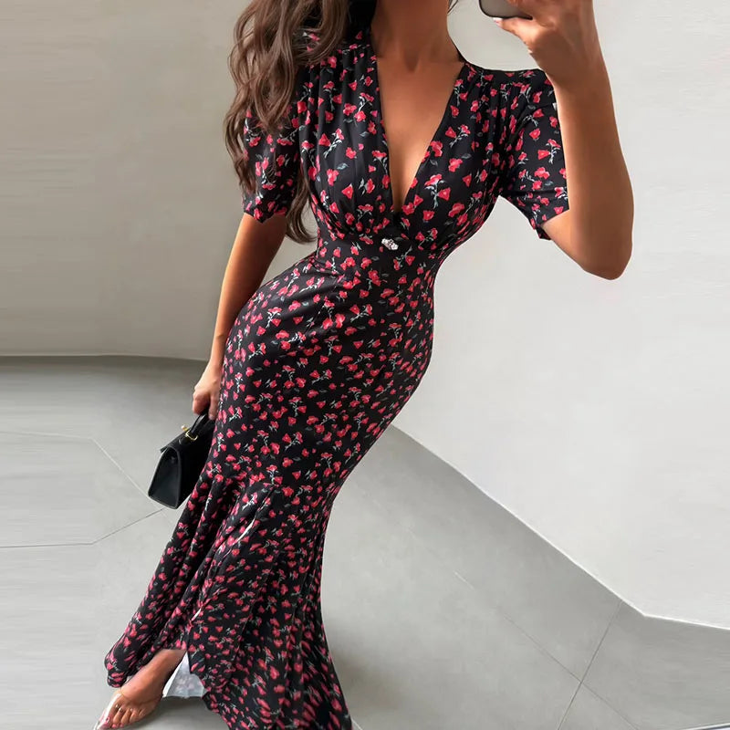 Print Chiffon Long Dress Women V Neck Half Sleeves High Waist Ruffles Belts Split Robe Female 2026 Summer Chic Vacation Dresses