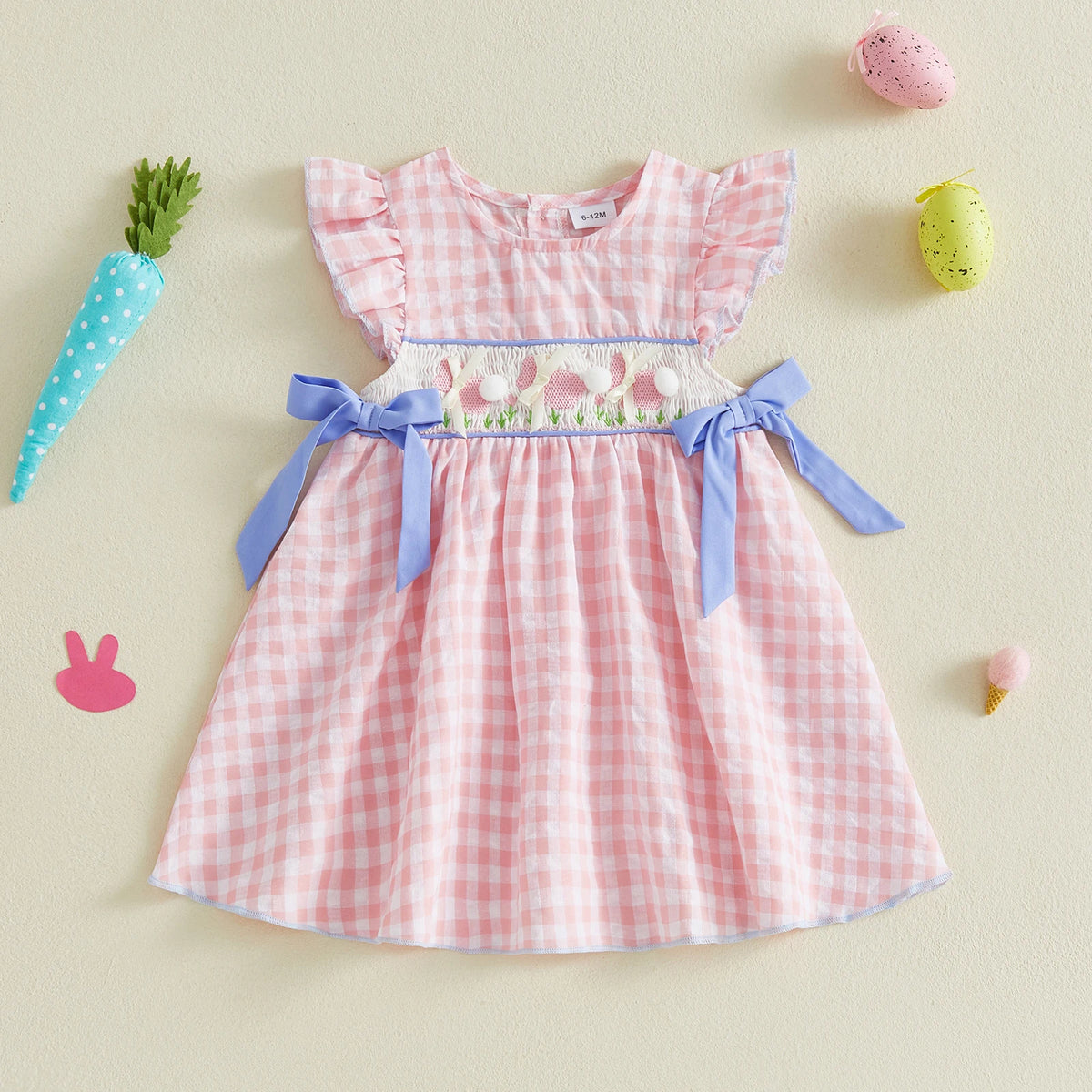 Toddler Baby Girl Easter Dress Flying Sleeve Crew Neck Rabbit Embroidery Plaid Print Bow Decor A Line Dress CB DROPSHIPPING