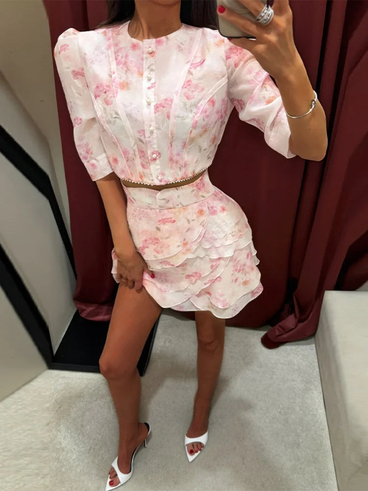 Floral Print Women's Skirt Set Puff Sleeve Crop Top Layered Ruffle Mini Skirt Set Lady 2026 Summer Woman Boho Beach 2 Pcs Outfit