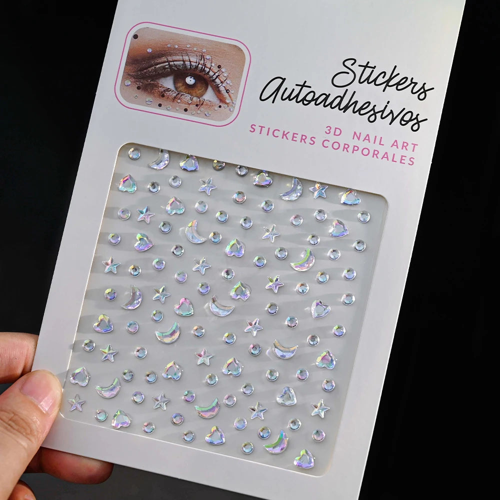 1pc 3D Y3K Silver Aurora Moon Star Face Gems Jewels Rhinestone Stickers Self Adhesive Crystal Makeup Diamonds Tattoos Decoration