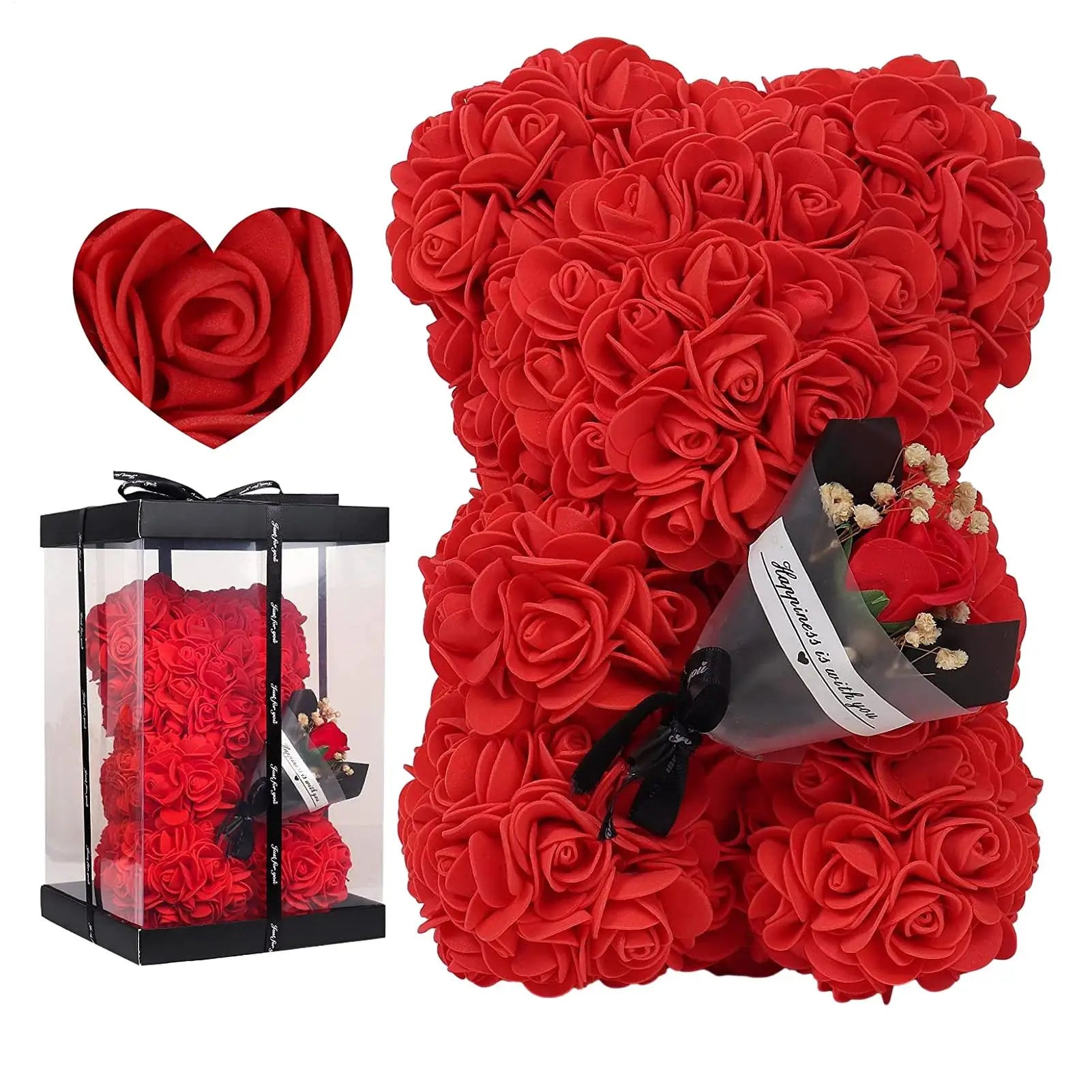 Flower Bear 9.45in Artificial Forever Flower Rose with Clear Box Romantic Gift for Her Handmade Valentine Bear for Home Decor