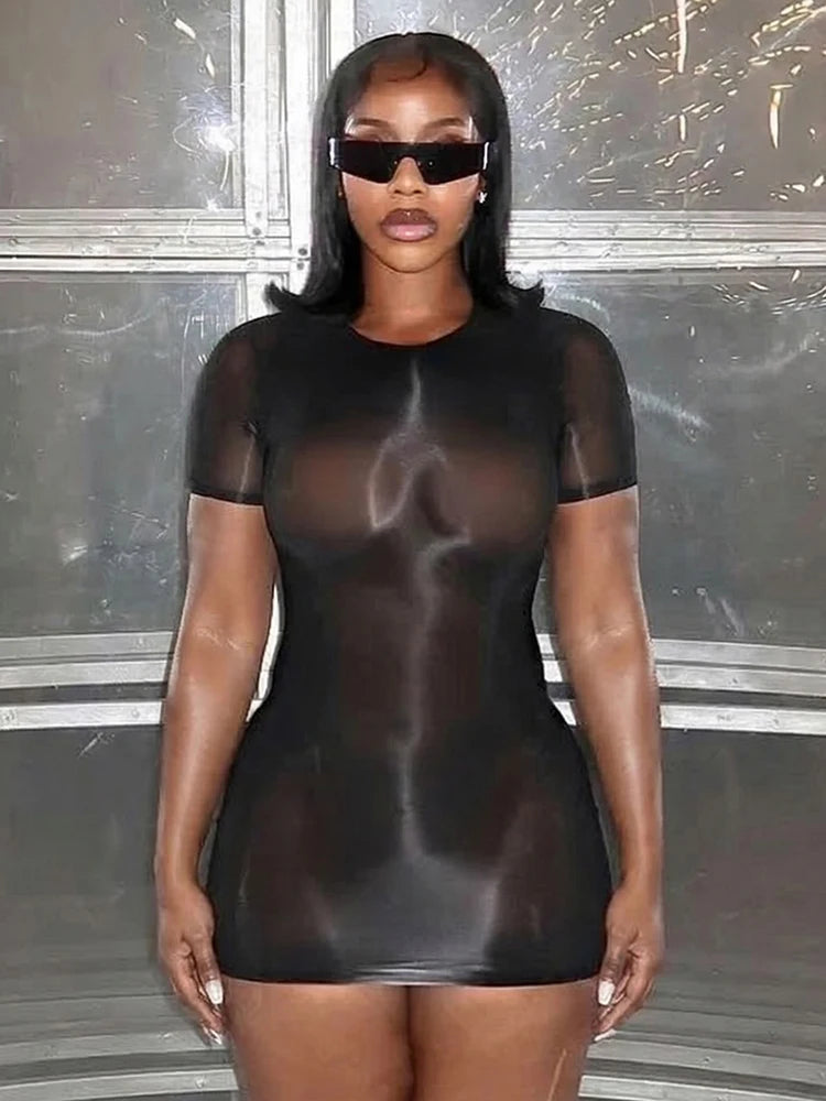 Weird Puss Wild See Through Dress Women Hottie Fashion Short Sleeve Stretch Skinny Coquette Midnight Street Party Club Bodycon