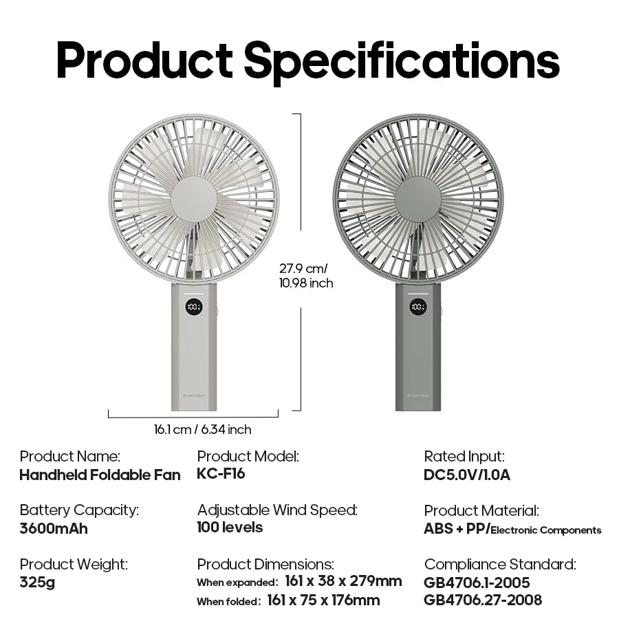 Portable Handheld Fan 3600mAh Multifunctional Desktop Folding Rechargeable Fan 100-Speed with LED Display for Outdoor Travel