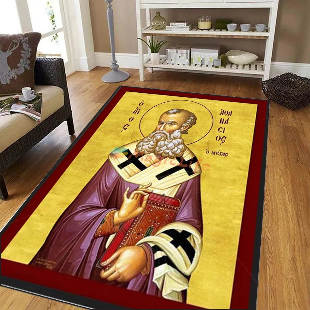 Large Living Room Bedroom Rug Orthodox Saint Icon Print Comfortable Feel Non Shedding Durable Floor Distinctive Elegant Home