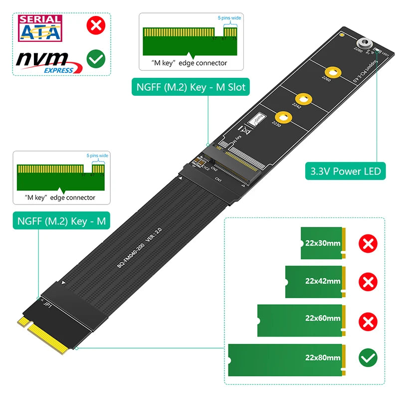 20CM M2 NVME SSD Extension Cable PCI Express 4.0 X4 M Key Extender 180 Degree Support 2230 2242 2260 2280 PCI-E 4.0 NVME M.2 SSD CB DROPSHIPPING