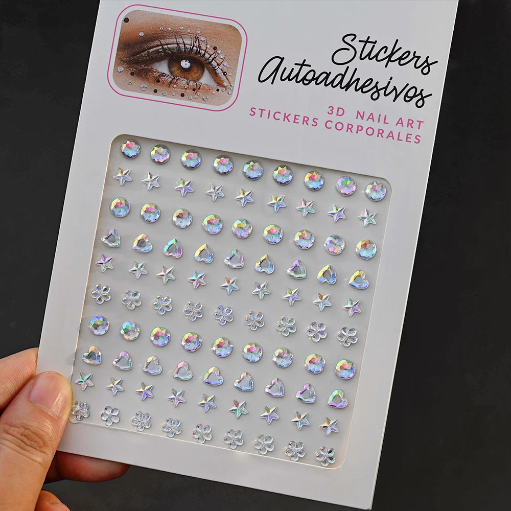 1pc 3D Y3K Silver Aurora Moon Star Face Gems Jewels Rhinestone Stickers Self Adhesive Crystal Makeup Diamonds Tattoos Decoration