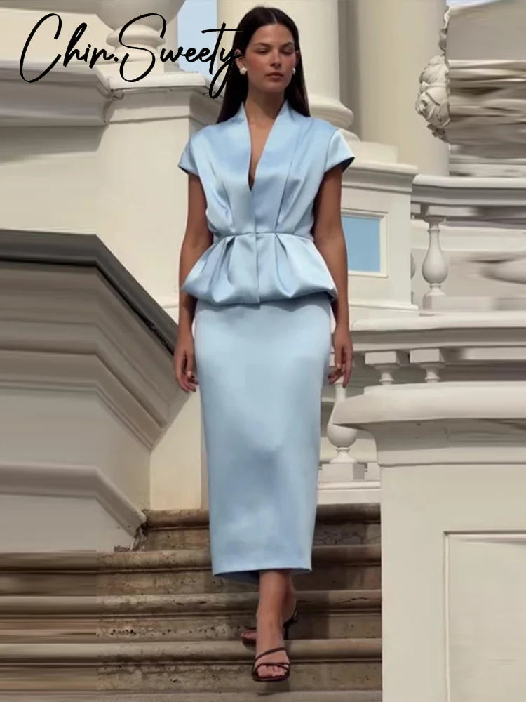 Urban Solid Blazer Skirt Women Set Elegant Pleated Sleeveless V-neck Top Split Hip Package Skirts 2026 Summer Lady Outfit New