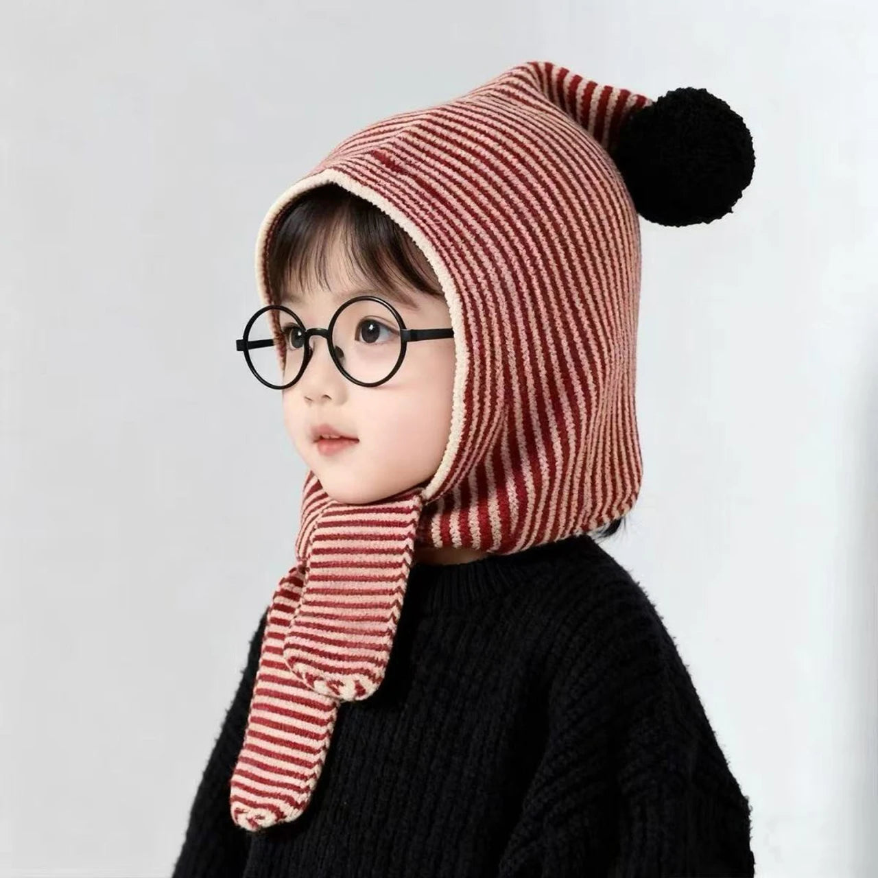 Korean Striped Baby Balaclava Hat Winter Knitted Hood Scarf Ear Protection Warm Bomber Cap Kids Boy Girl Beanies CB DROPSHIPPING