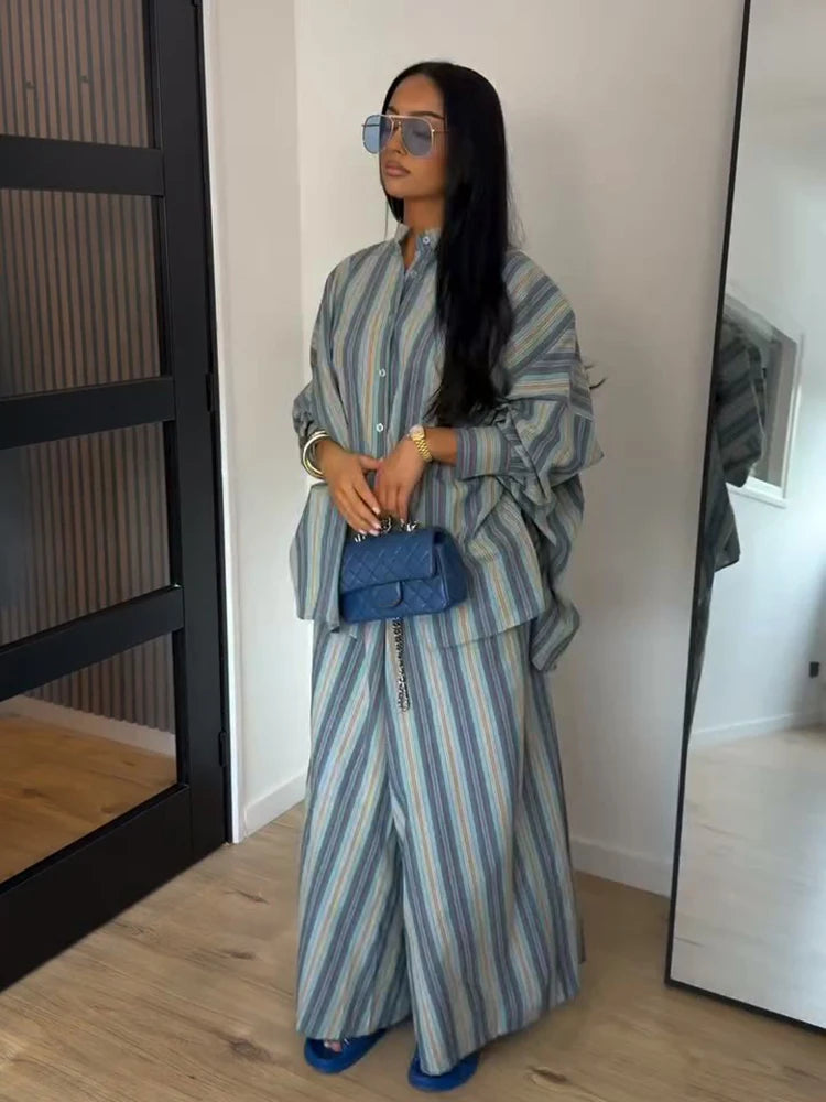 Fashion Stripe Long Pants Set Women Chic Lapel Single Breasted Shirt High Waist Wide Leg Trousers 2026 Spring New 2 Pcs Outfits